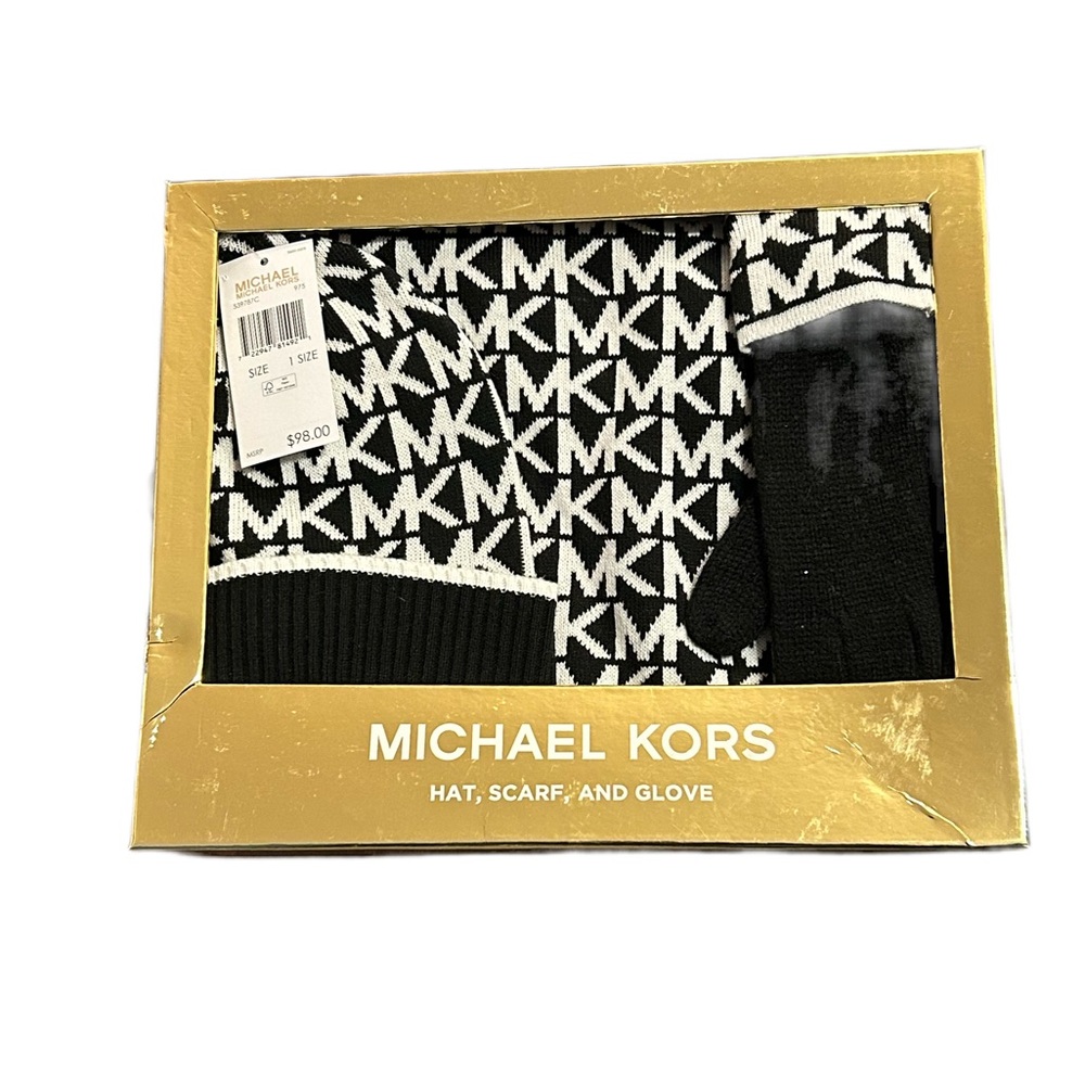 Michael Kors Black and White MK Logo Winter Accessory Set